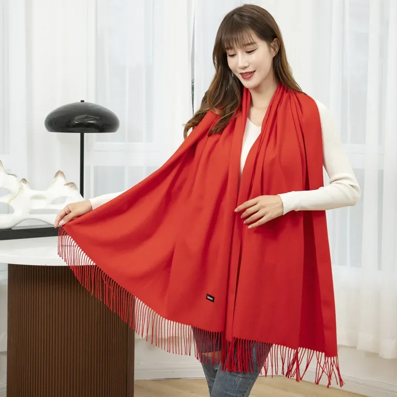 Красный шарф для женщин зимой теплый и толстый из искусственного кашемира