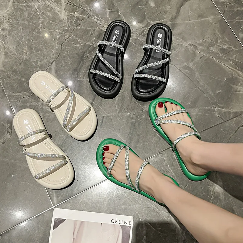 

Shoes Woman 2022 Slippers Casual Glitter Slides Pantofle Low Luxury Jelly New Soft Rome Rubber Fabric Leisure Hoof Heels Fashion