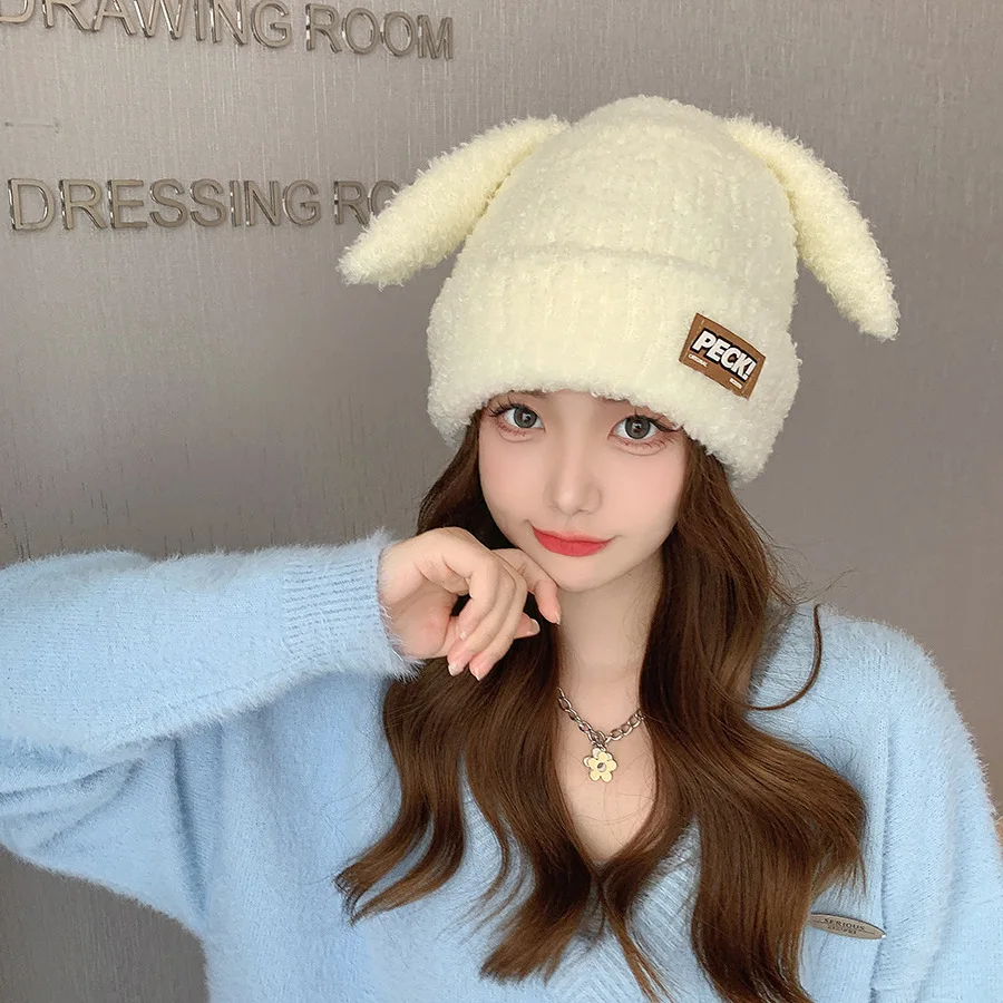 

Женская зимняя теплая вязаная шапка, шапки для молодых девушек, модные милые облегающие шапки, шапки с кроличьими ушками, женские аксессуары