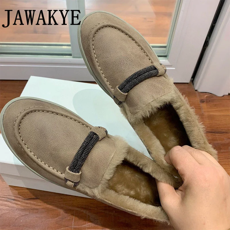 Зимние теплые женские лоферы на плоской подошве с круглым носком женская