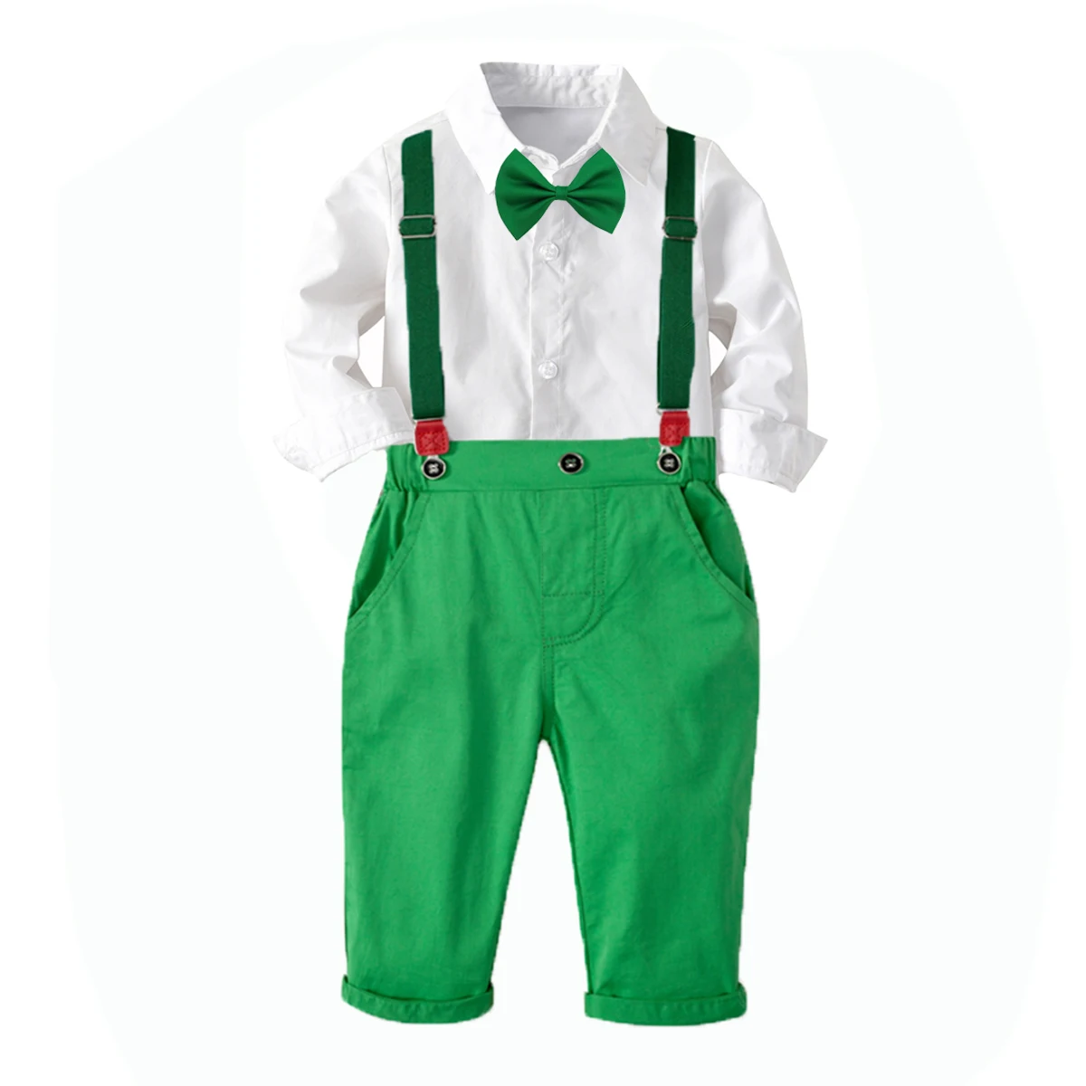 

Autumn Cotton Boys Clothes Set for Baby Toddler Long-Sleeved White Shirt with Green Pants Children Full Costume