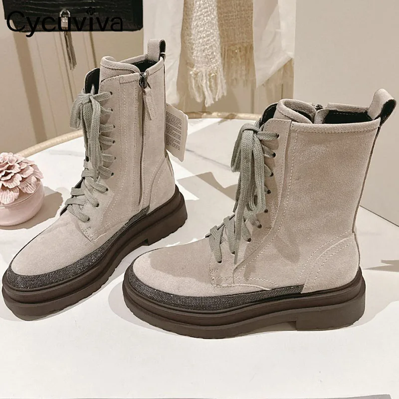 Осенние брендовые замшевые ботинки до середины икры из коровьей кожи женские на