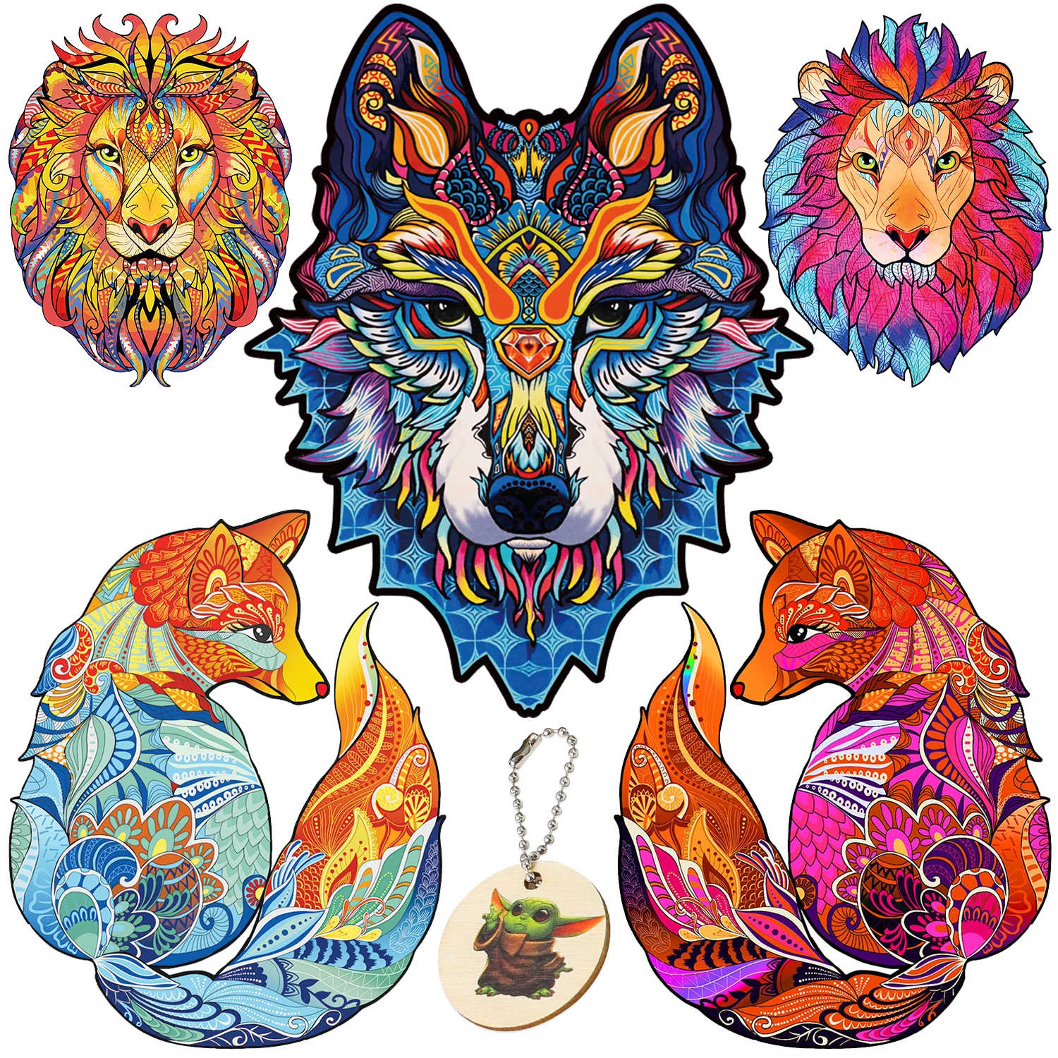 Brightly Colored Irregular Shape Wooden Animal Puzzles Special Wooden Toys Exquisite Wolf Lion Fox Brain Game For Adults Kids