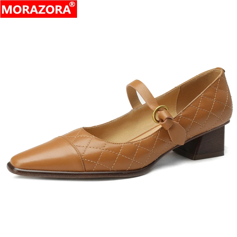 MORAZORA 2023 New Genuine Leather Shoes Women Mary Janes Square Heels Pointed Toe Spring Summer Ladies Dress Shoes