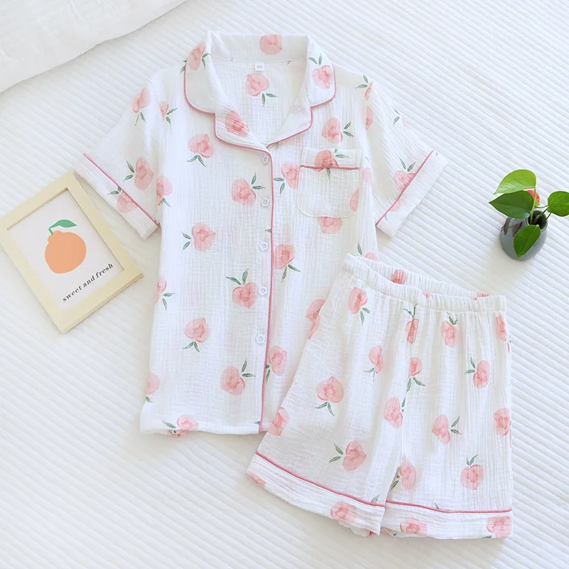 Sweet Summer Crepe Cotton Pajama Set For Women Sleepwear Soft Pyjamas Short Sleeve Homewear Nightwear For Ladies