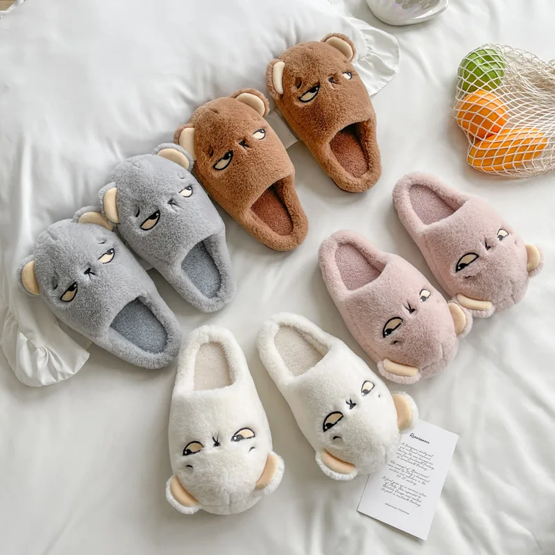 Suihyung Cartoon Bear Plush Slippers Women Winter Warm Home Cotton Shoes Soft Platform Flat Slides Lovers Indoor Floor Slippers