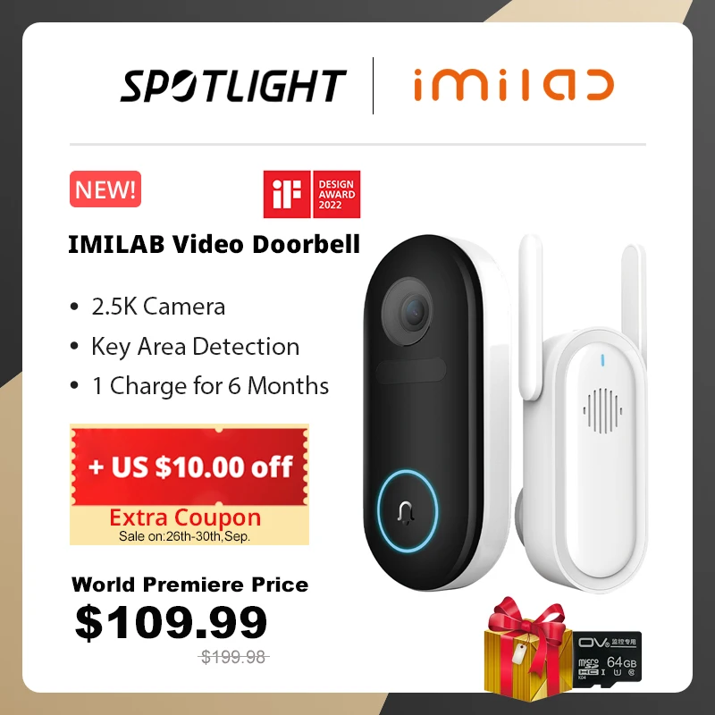  World Premiere IMILAB Smart Video Doorbell 5200mAh Security Camera Accurate Human Detection Local Storag Instant Alert 2.5k 