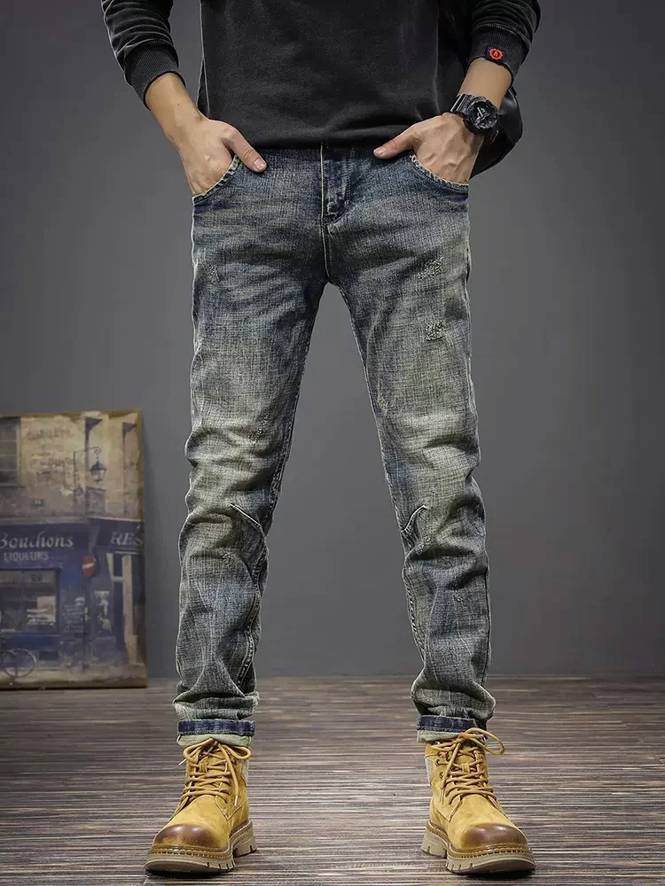 Newly Designer Fashion Men Jeans Retro Black Blue Stretch Slim Fit Ripped Jeans Men Elastic Trousers Vintage Denim Pants Hombre