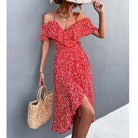 red floral print asymmetric boho dress summer v neck off shoulder spaghetti strap casual beach dress women ruffle slim mid dress