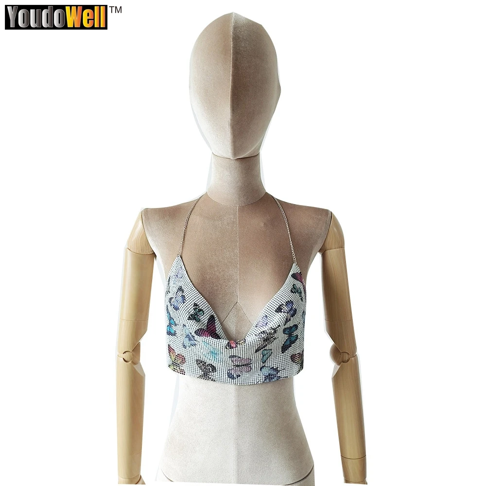 

2023 Spice Girls V-neck Butterfly Pattern Metal Sequins Wrapped Chest Nightclub Party Bouncer Backless Sexy Navel Tops