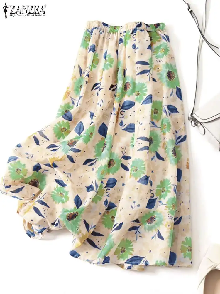 

Юбка ZANZEA Женская Длинная с цветочным принтом, праздничная Повседневная Свободная богемная Макси-юбка с завышенной эластичной талией, трапециевидная, на лето
