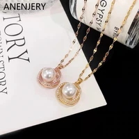 anenjery 316l stainless steel jewelry geometric pearl zircon clavicle necklace new ladies necklace festive party jewelry gifts