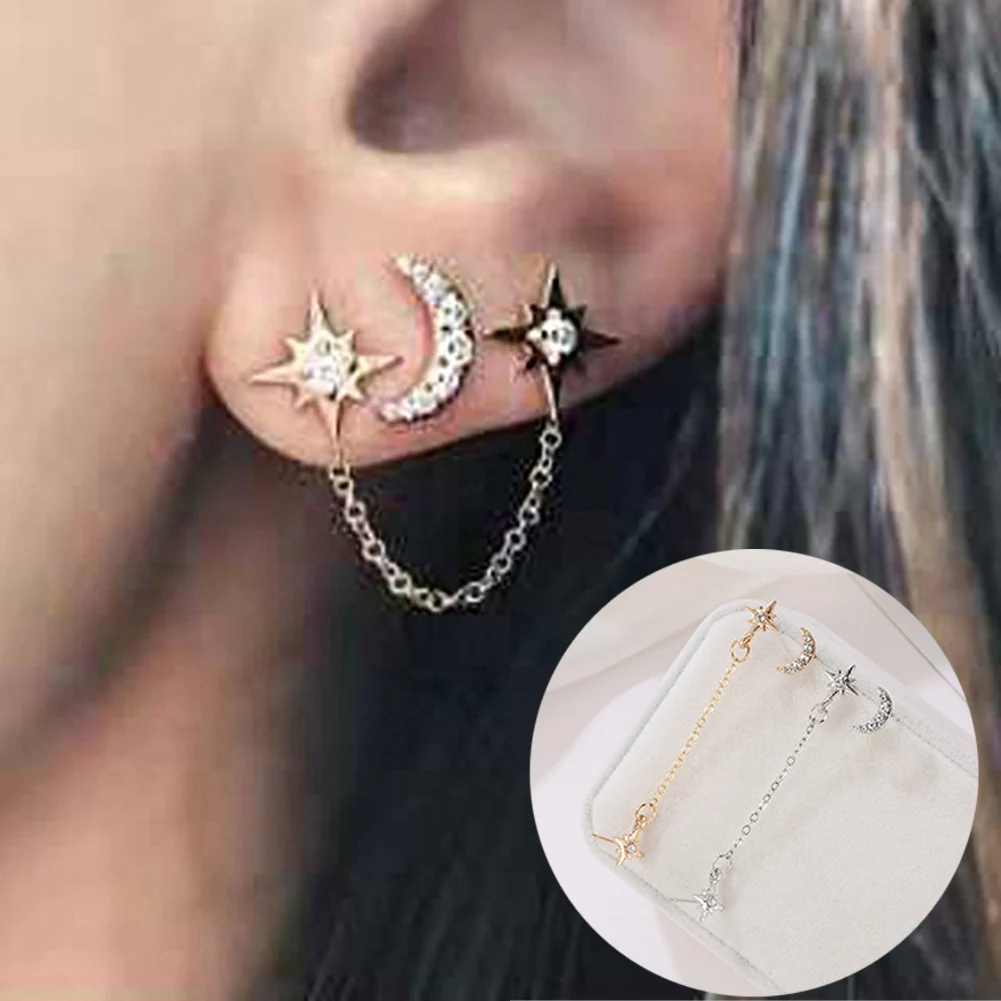 

Earring Jewelry Korean Fashion Fashion Lovely Gold Stainless Steel Double Star Moon Earrings For Women Hole Jewelry Accessories