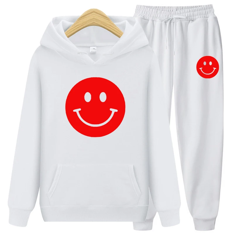 

Мужской спортивный костюм из двух предметов, теплая куртка с капюшоном и брюки с принтом смайлика, повседневный спортивный костюм, Осень-зима 2022