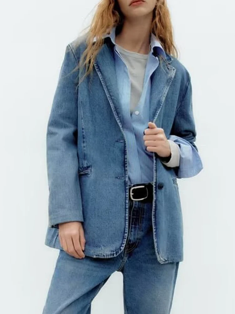 

TRAF Winter 2022 New Women Blue Denim Blazer Long Sleeve Single Breasted Suit Jacket Female Fashion Casual Tops MSD7341