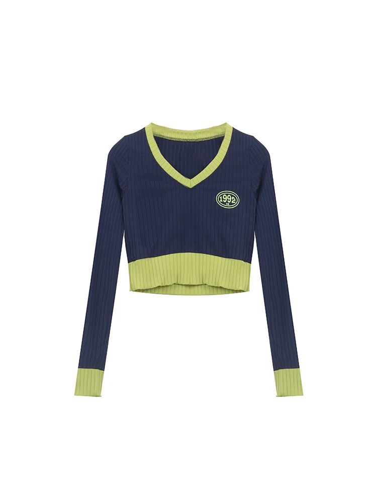 

Женский Короткий трикотажный пуловер с V-образным вырезом и длинным рукавом