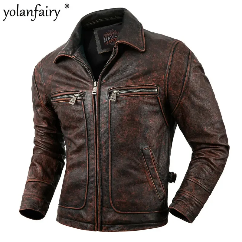 

Куртка мотоциклетная мужская красная/коричневая, верхний слой из воловьей кожи в стиле ретро, с лацканами, 6XL