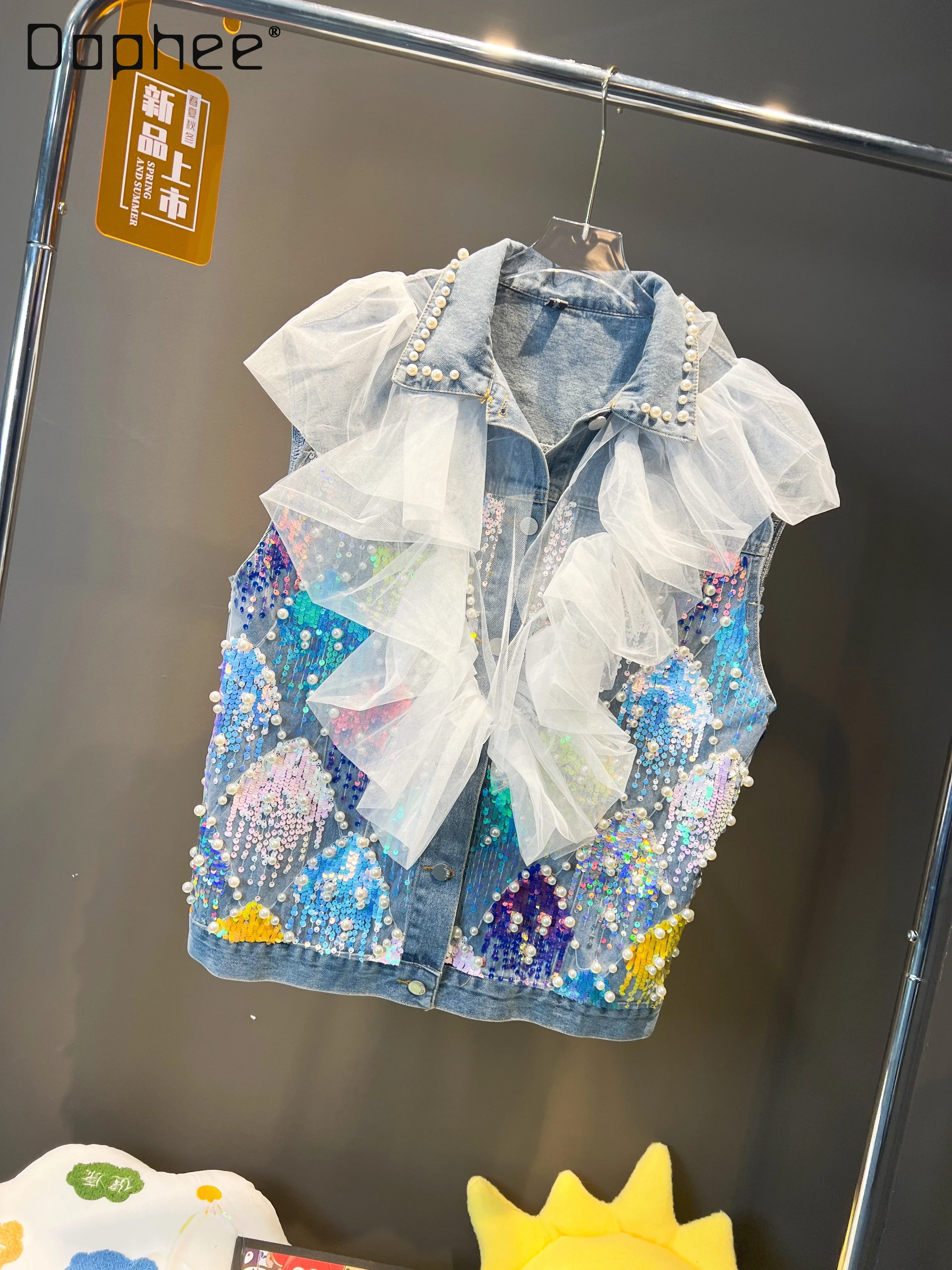 Autumn High Street Fashion Brand Heavy Embroidery Sequins Beaded Mesh Stitching Lace Casual Loose Denim Jacket Lapel Vest Coat