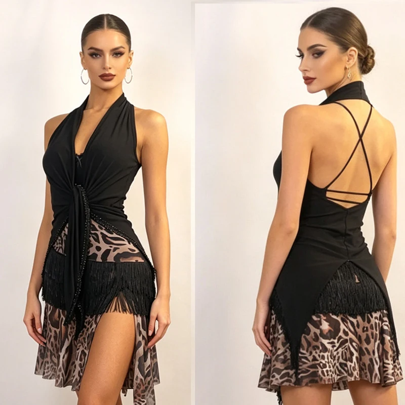 Фото Женский латинский танцевальный костюм с глубоким V-образным вырезом и бахромой, для румбы, бальных танцев, тренировок, сексуальный костюм для ча-ча-ча, SL15820 №2