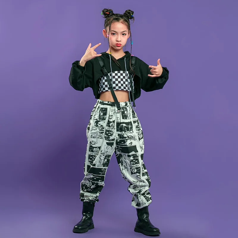 

Kid Hip Hop Clothing Black Hoodie Sweatshirt Crop Top Long Sleeve Shirt Streetwear Print Jogger Pants for Girls Dance Costume