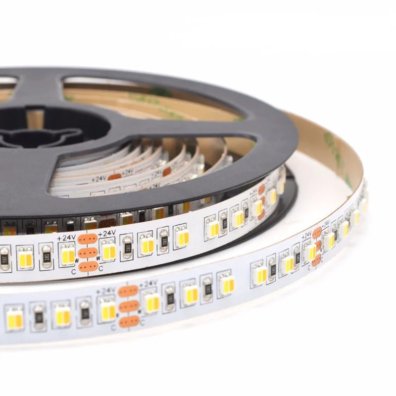 

2 Colors in 1 LED SMD3528 CCT LED Strip Light DC24V WW +CW Adjustable LED Strip 120Led/m PCB Board LED Flexible Strip 5m/lot