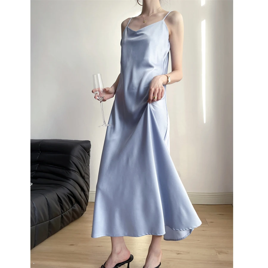 Женское атласное платье на бретелях-спагетти Элегантное Длинное Платье в стиле