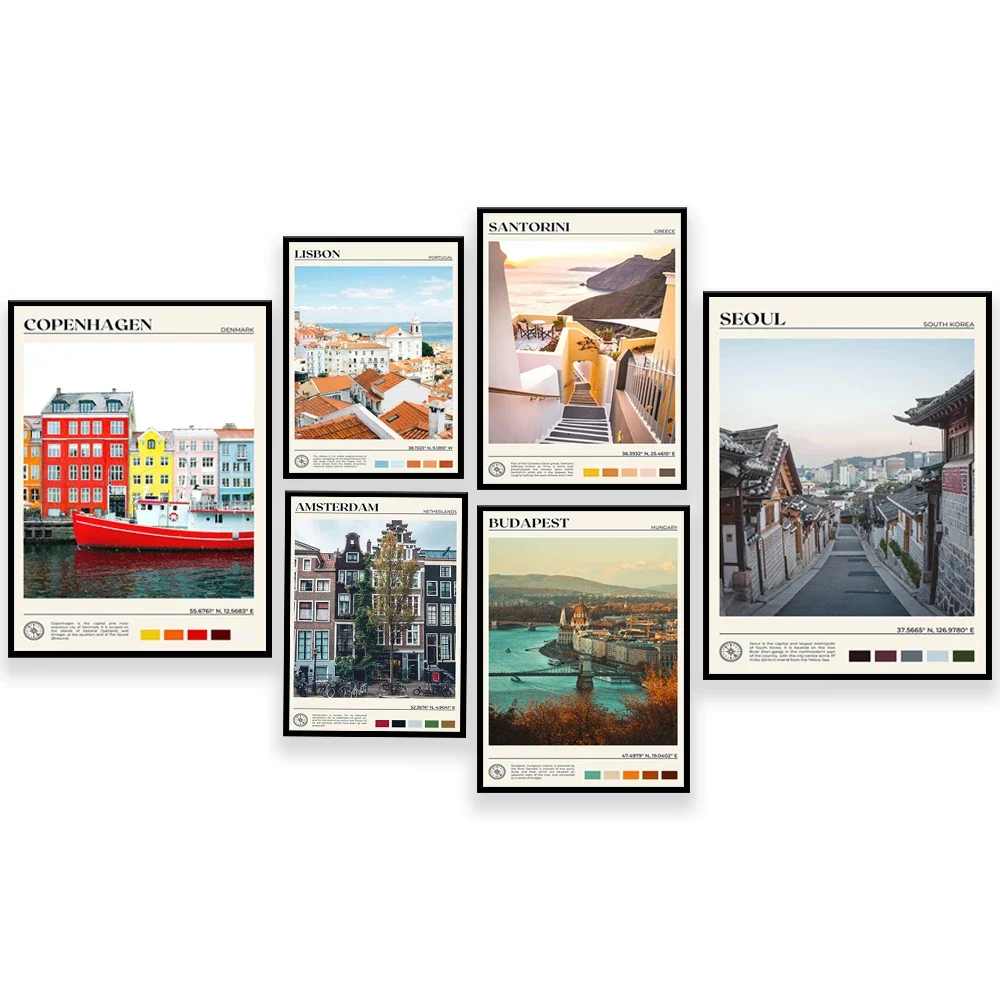 Paris Seoul South Korea Copenhagen Lisbon Warsaw Poland Nicosia Cyprus Amsterdam Switzerland Budapest travel poster