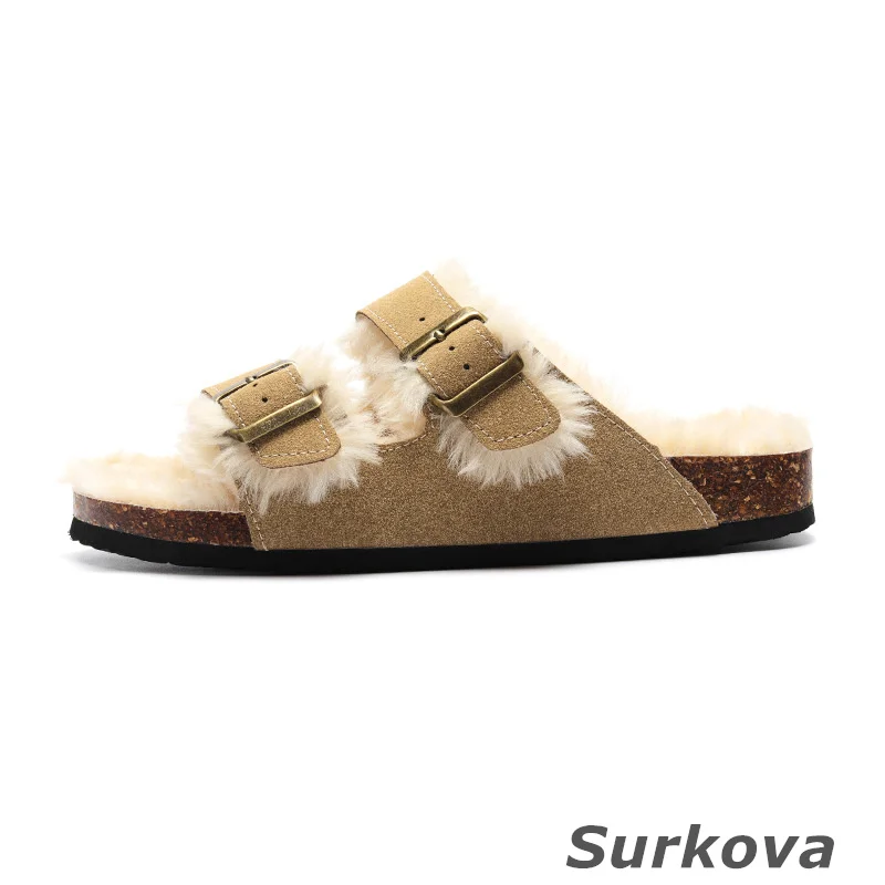 Women's Fashion Slippers Plush Cork Leisure Slippers Warm Short Plush Flat Bottom Word Half Slippers Comfortable Round Toe Solid