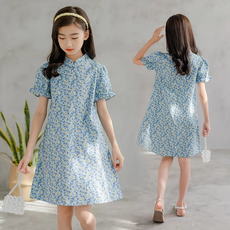 

Kids Dresses For Girls Floral Dress Girls Chinese Style Short Sleeve Dresses Summer Children Teenage Clothes 4 6 8 10 11 12 14 Y