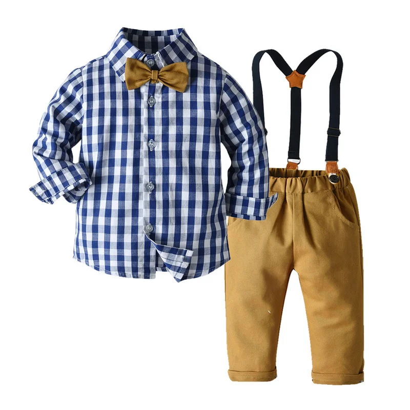 

Hot Batch Boys' And Girls' Spring Suit Fashion Long Sleeve Shirt And Suspender Two Piece Set Spring Suit