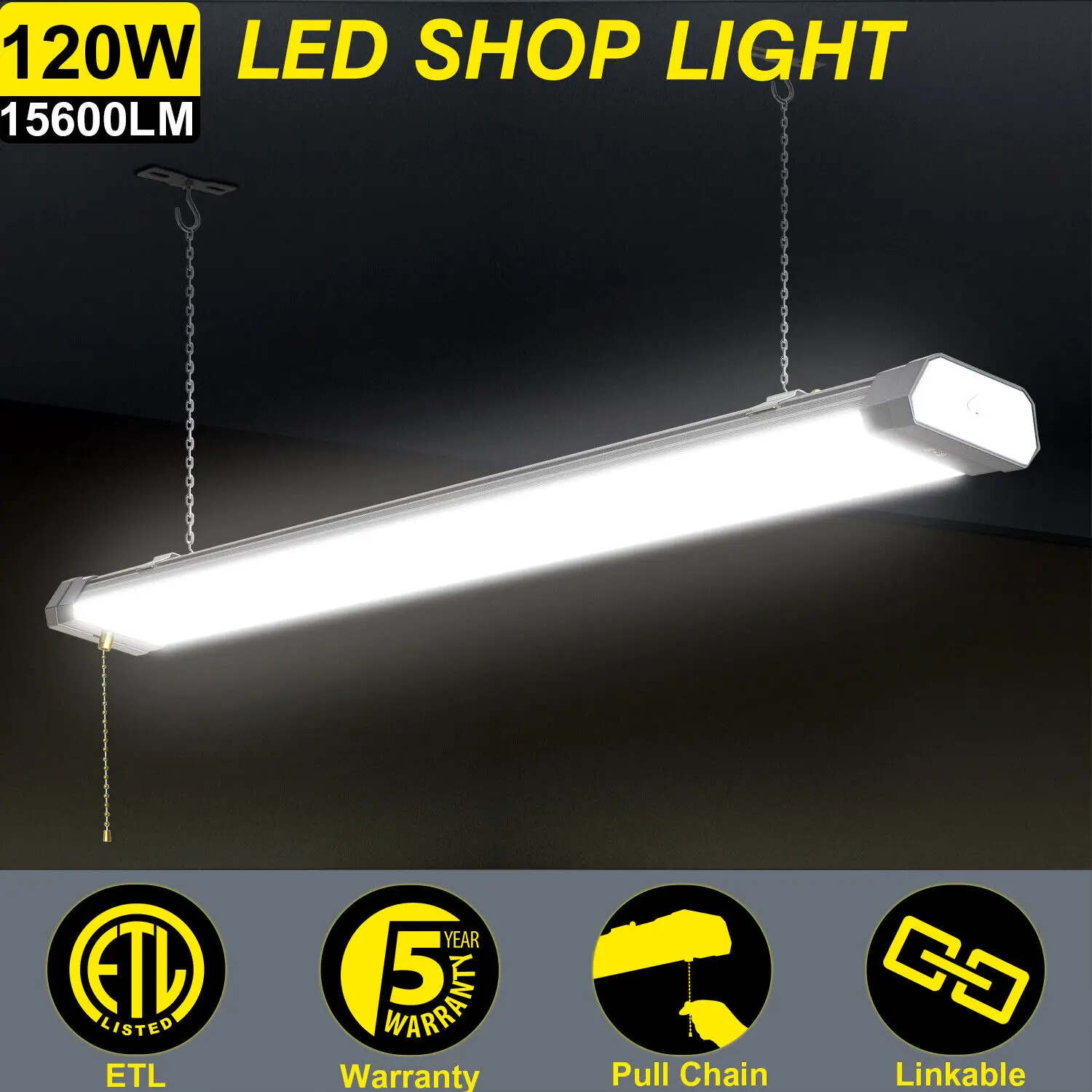 120W LED Shop Light Linkable, Linear High Bay/ Low Bay Garage Lighting Fixture, 120V 15600LM Plug in, Pull Chain, 5000K Daylight
