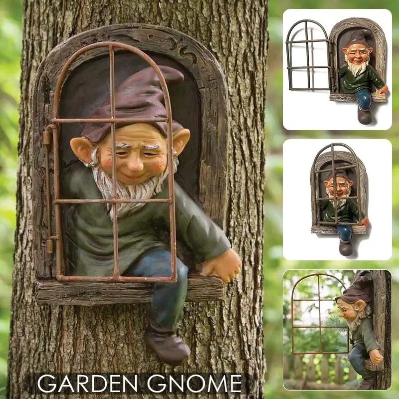 

PDTO Door Tree Lawn Art Resin Sculpture Outdoor Garden Gnome Statue Decor