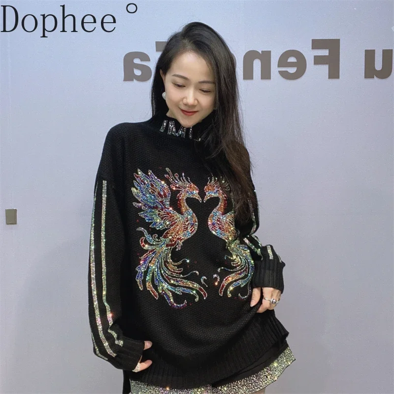 Модный женский свитер Phoenix Hot Drilling Lazy Wind осень-зима пуловер с полувысоким