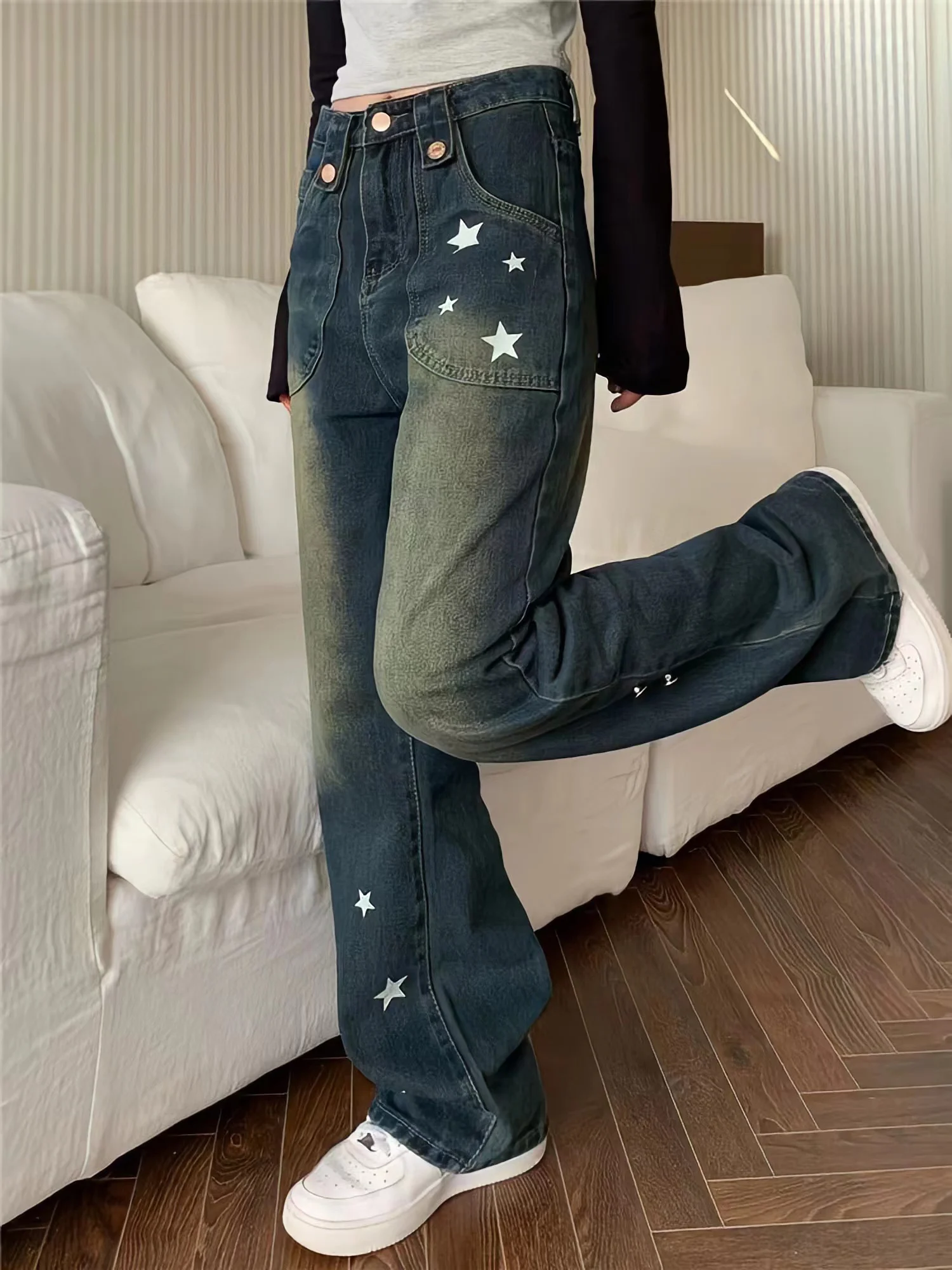 Chic Retro Stars Print Women Trousers Harajuku Loose Straight Wide Leg Denim Pants American Style Boyfriend Jeans Mopping Pants