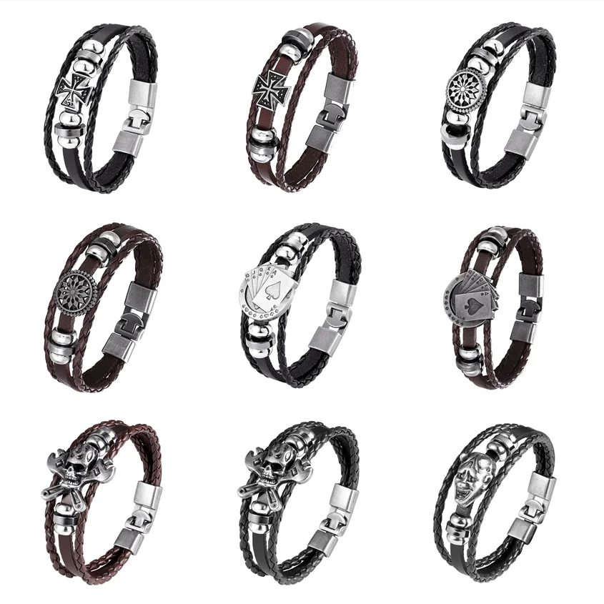 

Woven Braided Wrap Leather Bracelet for Men Two-layer Cowhide Stainless Steel Cuff Hand Chain Original New Style Pocker Cross