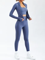 asheywr women zipper tops sets skinny nude sense high elastic long sleeve fitness two piece set female solid workout set woman