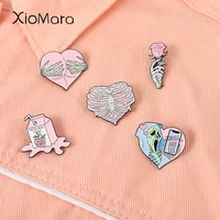heart shape enamel pin pink rose flower drink skeleton punk style brooches jewelry for women 2022 accessories gifts