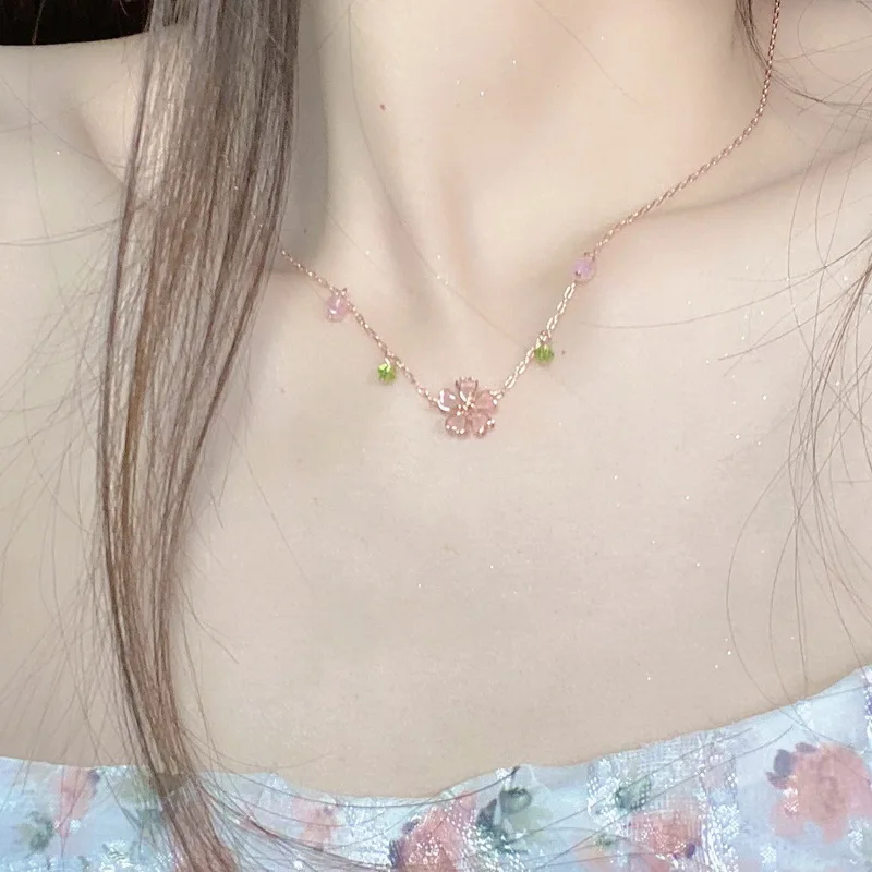 Romantic Charm Pink Cherry Blossom Pendent For Women Korea Japan Zircon Flower Necklace Clavicle Chain Party Jewelry Choker Gift