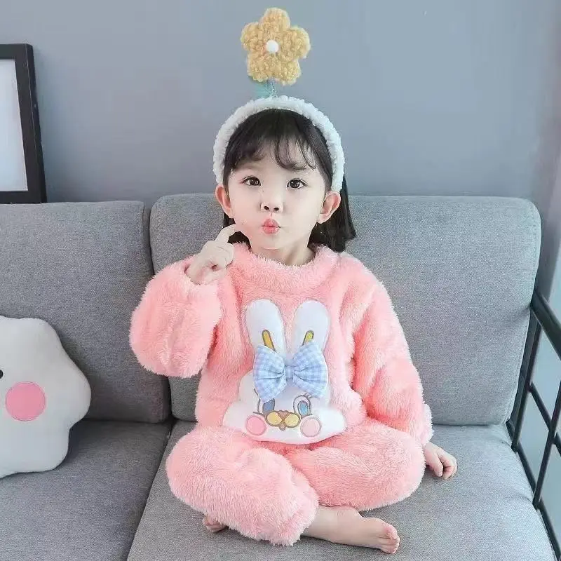

Children's Flannel Pajamas Baby Girl Plus Velvet Padded Suit Autumn And Winter Girls Foreign Home Clothing Warm Two-piece Set