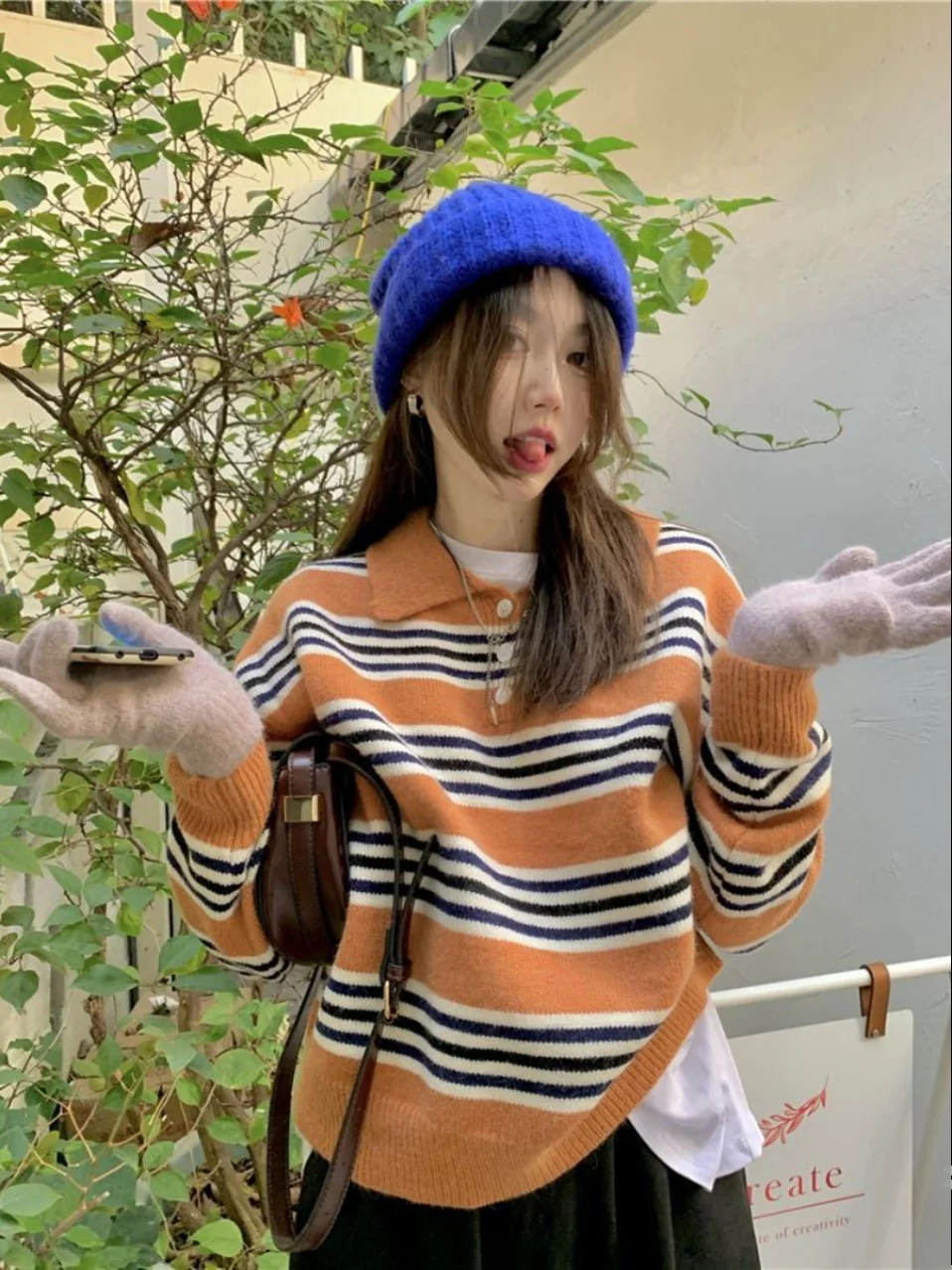 Свитер в полоску с воротником-поло стиле ретро женский осенне-зимний новый