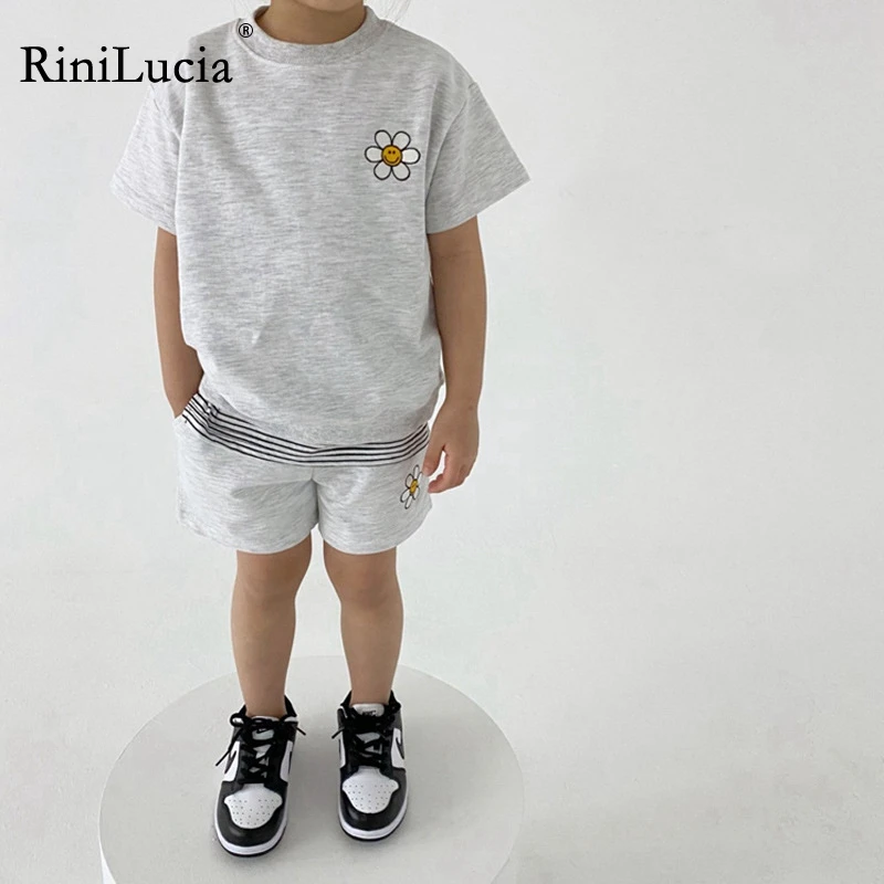 RiniLucia 2pcs/set 2022 Soild Colorful Cotton Suit Children's Short Sleeve T-shirt+pants Baby Boys Girls Outfits Clothes Fashion