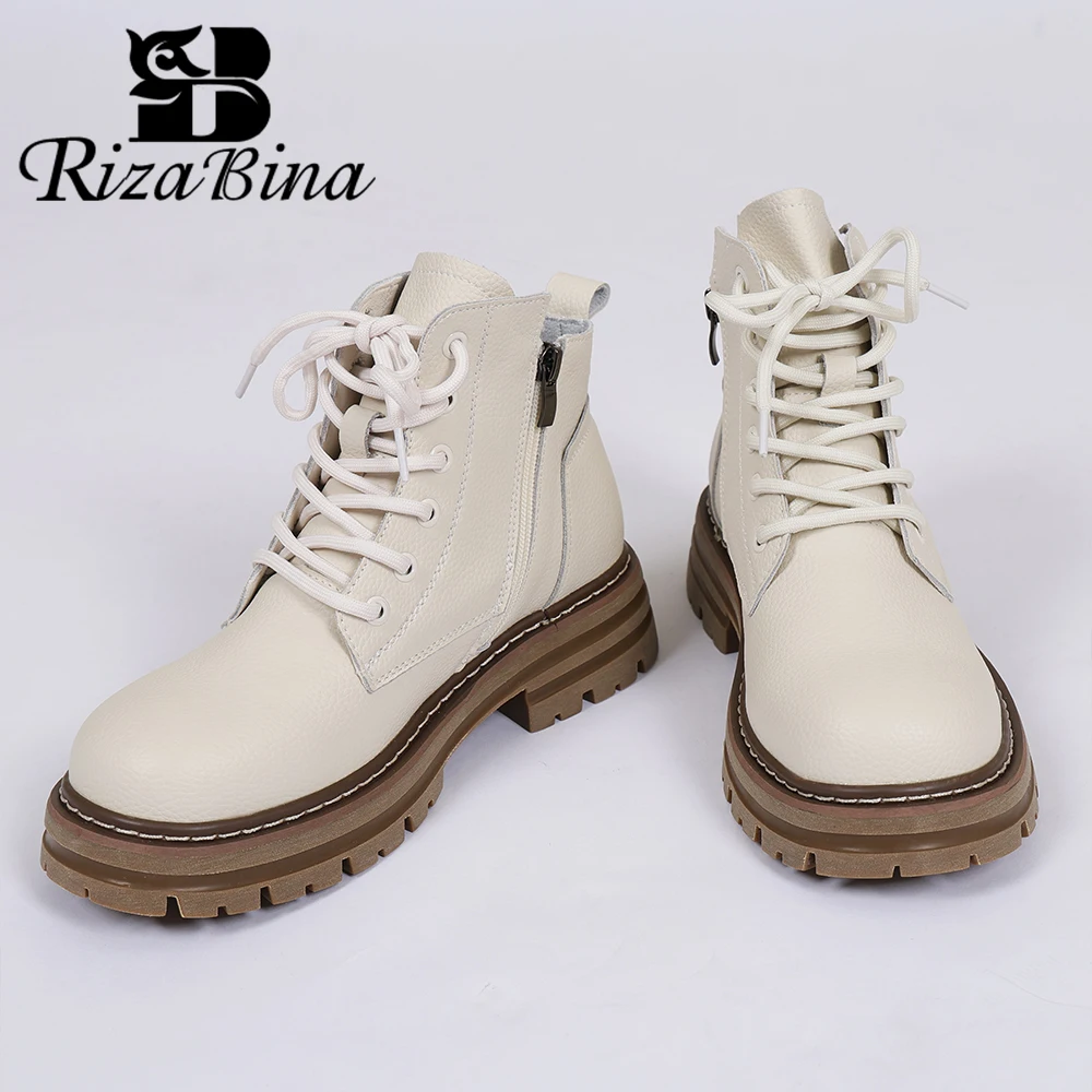 

RIZABINA Genuine Leather Women's Boots Chunky Heel Zipper Lace Up Ankle Boots Ladies Non-slip British Style Casual Thick Shoes