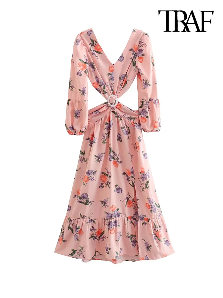 

TRAF Women Fashion Hollow Out Floral Print Midi Dress Vintage Backless Elastic Side Zipper Female Dresses Vestidos Mujer