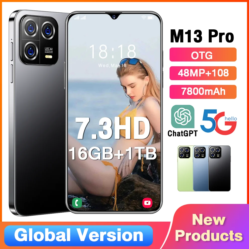 

Original M13Pro 5G Unlocked Mobile Phone 7.3HD Full Screen 16+1TB SmartPhone Dual Sim 48MP+108MP 7800Mah Android 13 Brand