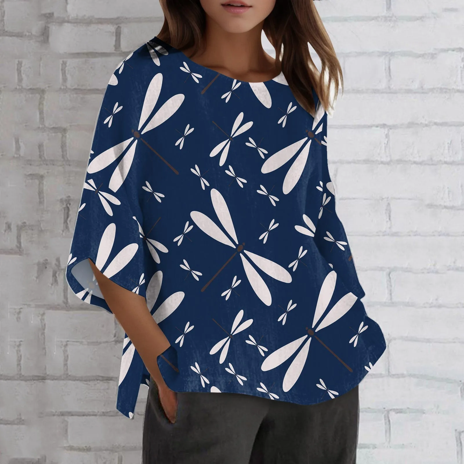 

Summer Womens 3 Of 4 Sleeve Crew Neck Floral Printed Loose Top T Shirts Casual Linen Tunic Tee Blouse Dress Blouses For Women