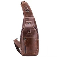 men leather sling chest bag cross body messenger shoulder pack pouch business travel hiking with headphone cable hole