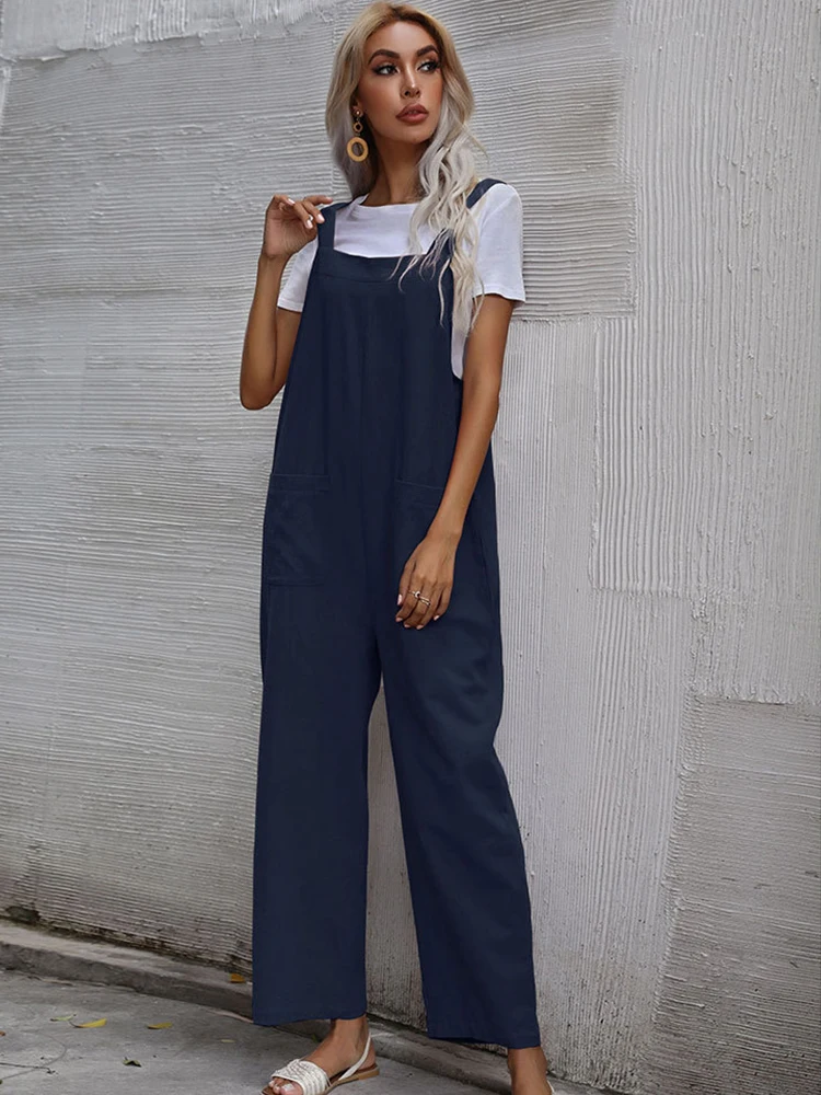 

Foridol Navy Blue Summer Cotton Linen Jumpsuit Casual Strap Wide Leg Overall Long Pants Pockets Vintage Playsuit 2023 New