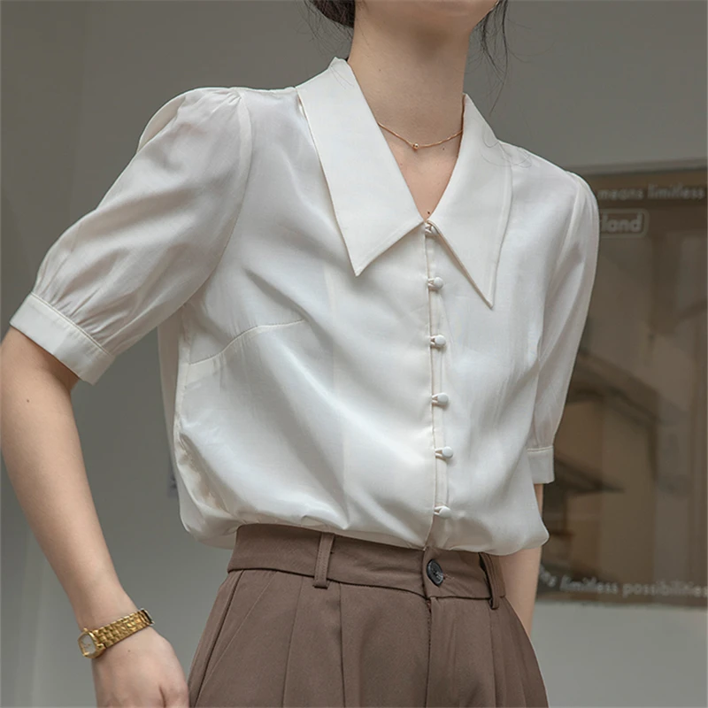 

2023 New Summer Elegant Puff Sleeve Women's Blouses Turndown Collar Single Breasted Casual Office Shirts Tops Female