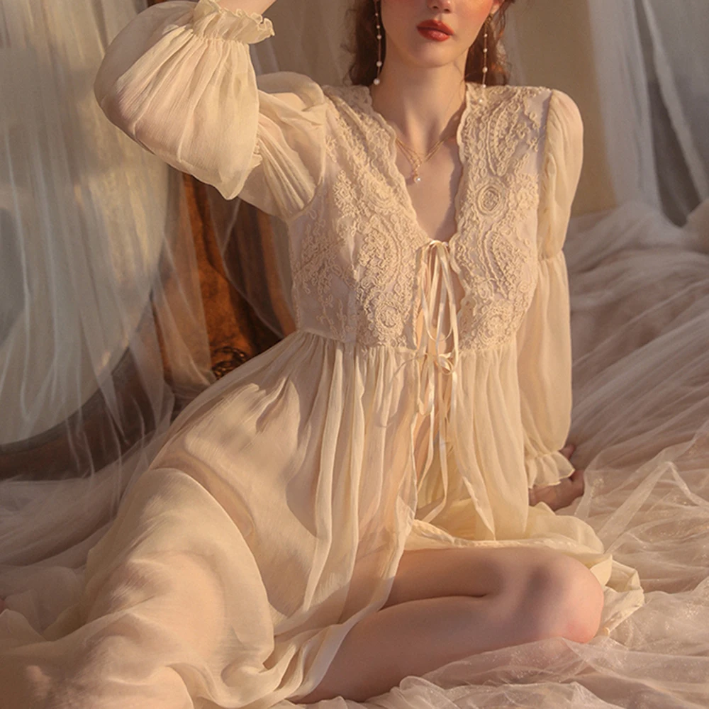 Long Sleeve Night Gown for Women Sexy Lace Nighty See Through Embroidery Nightwear Vestido Mujer V Neck Bandage Long Robe