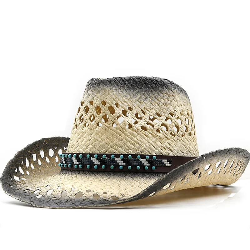 

Simple Straw Hollow Western Cowboy Hat Women Men Handmade Fedora Sombrero Hombre Beach Cowgirl Jazz Sun Hat